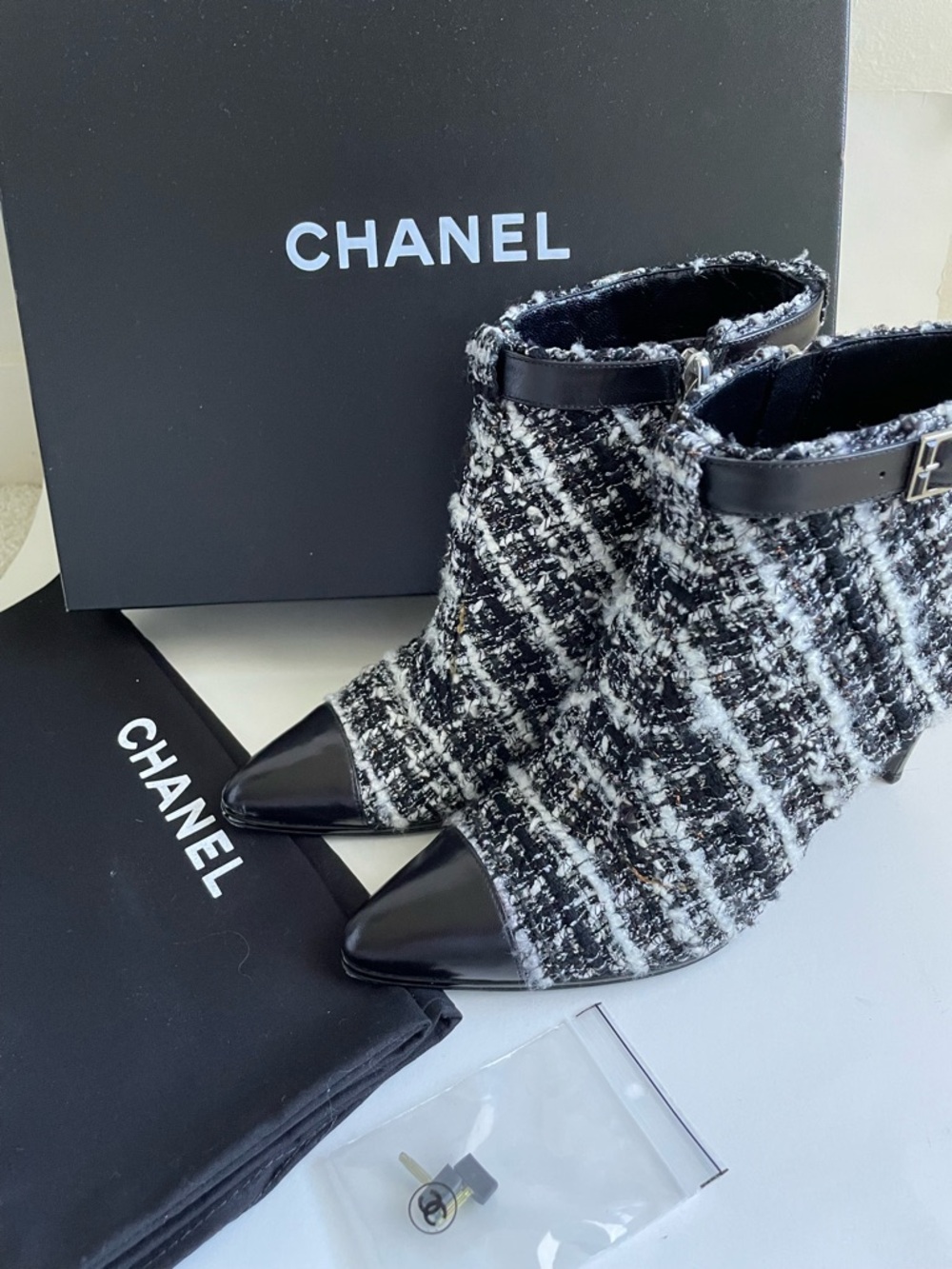 CHANEL Black and White Tweed Pointed Toe Ankle Boot Size 38